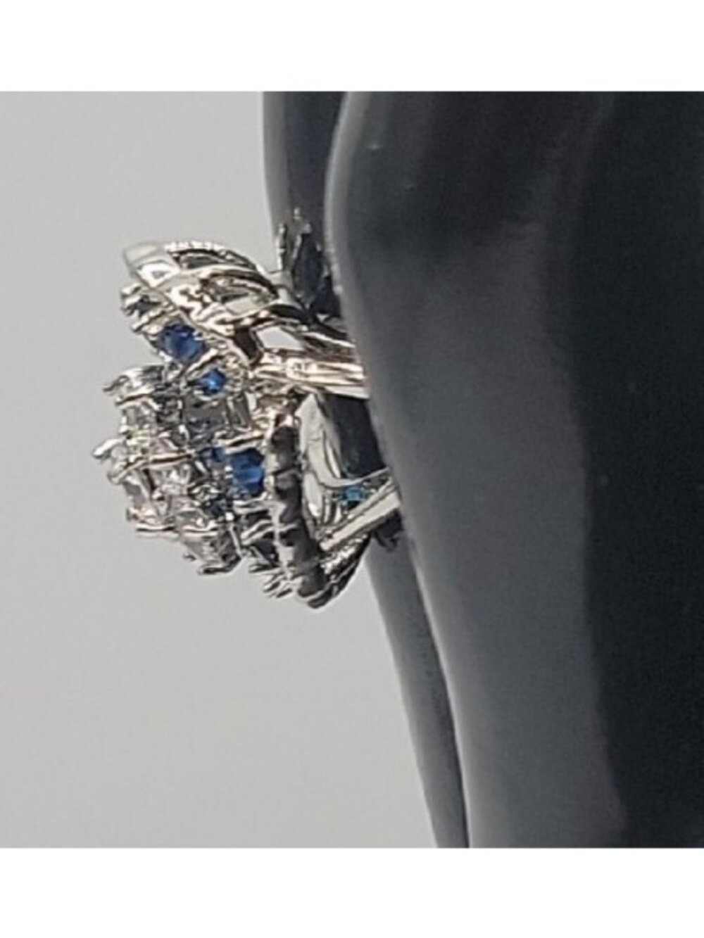 Sterling Silver Crystal Flower Ring Blue Clear Stones 925 Ruffled Petals SZ 9 - Picture 9 of 16